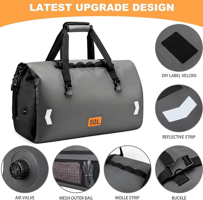 Waterproof Duffel Bag, 50L Roll-top Motorcycle Dry Bag with Air Valve & Quick-fixed Straps, Travel Duffle Bags for Kayaking Paddle Boarding Rafting Boating Camping Riding Fishing - Grey