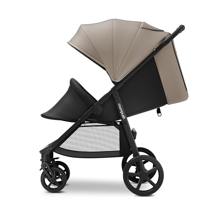 Mompush Nova Baby Stroller for Toddler, Infant & Newborn | Spacious Seat & Lie-Flat Mode | Compact One-Hand Fold, UPF 50+ Canopy & All-Wheel Suspension | Includes Rain Cover & Cup Holder, Khaki