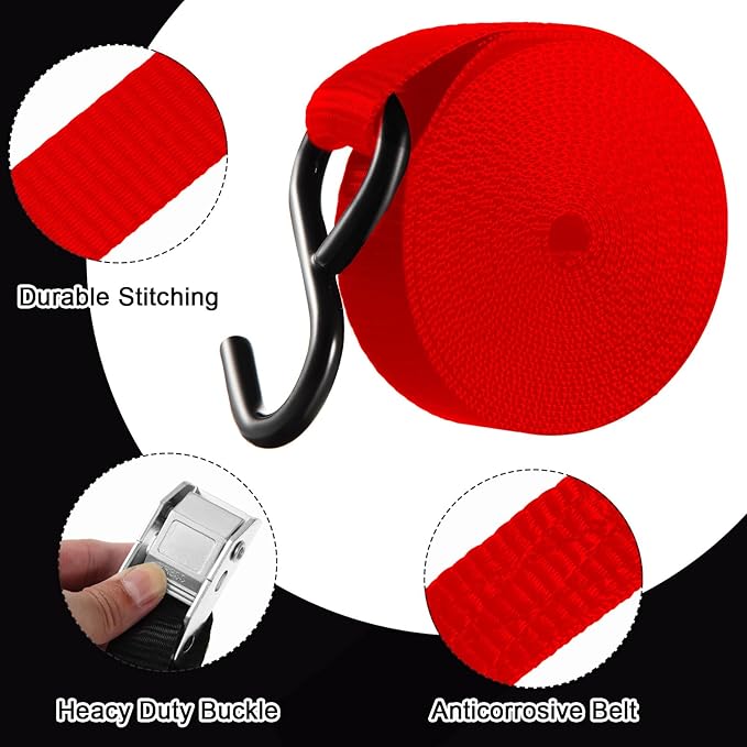 16 Pcs Cambuckle Tie Down Straps 1763lbs Break Strength Securing Straps 1'' x 15 ft Cambuckle Tie Downs with S Hook for Motorcycle, Kayak, Car, Truck, Boat Moving, Securing Cargo(Red)
