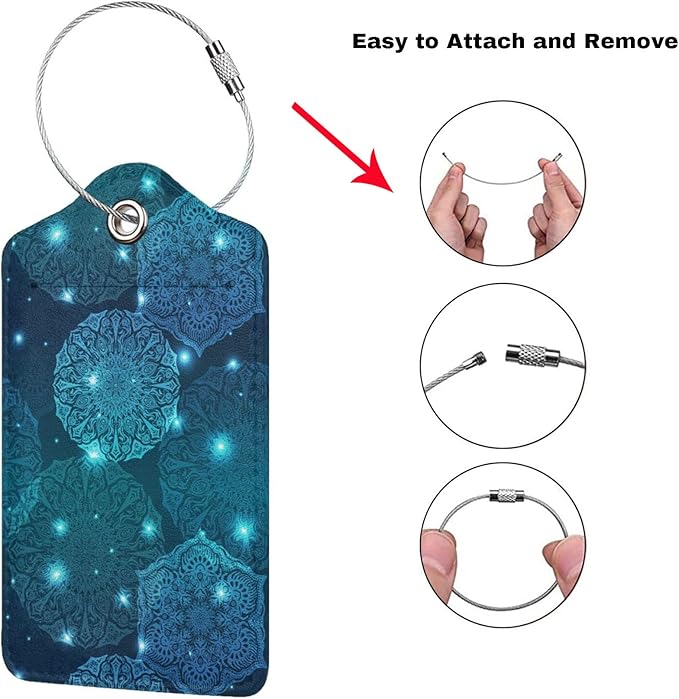 2Pcs Glowing Mandala Themed Luggage Tags for Suitcases, Beautiful Art Teal Blue Name ID Identifier Labels for Baggage Travel Bag, Shine Aesthetic Leather Bag Tags with Full Privacy Cover