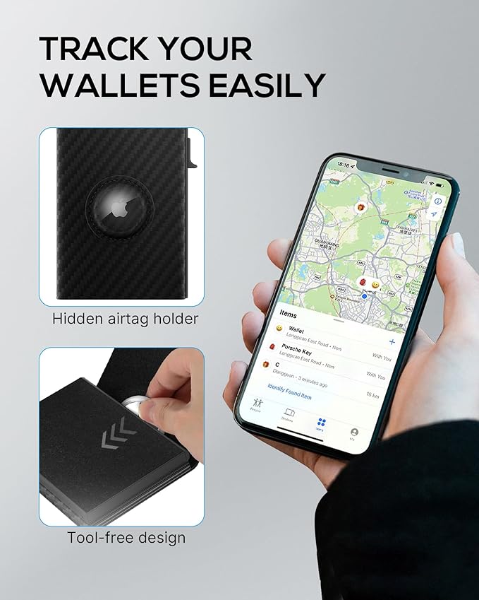 Mens Wallet Card Holder for AirTag: Smart Wallet Compatible with Apple Air Tag, Pop Up Card Case, Top Grain Leather, RFID Blocking, Slim, Minimalist, 9-14 Card Capacity | ID Window | Cash Slot