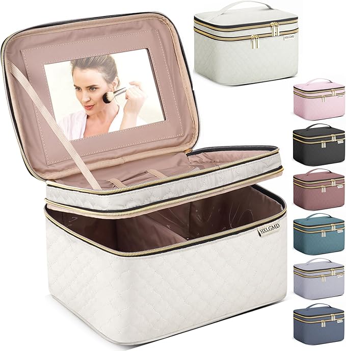Large Makeup Bag with Mirror Double Layer Travel Make Up Organizer Case, Large Capacity Coemetic with Brush Slot Divider, Travel Toiletry Bag for Women - White/Beige