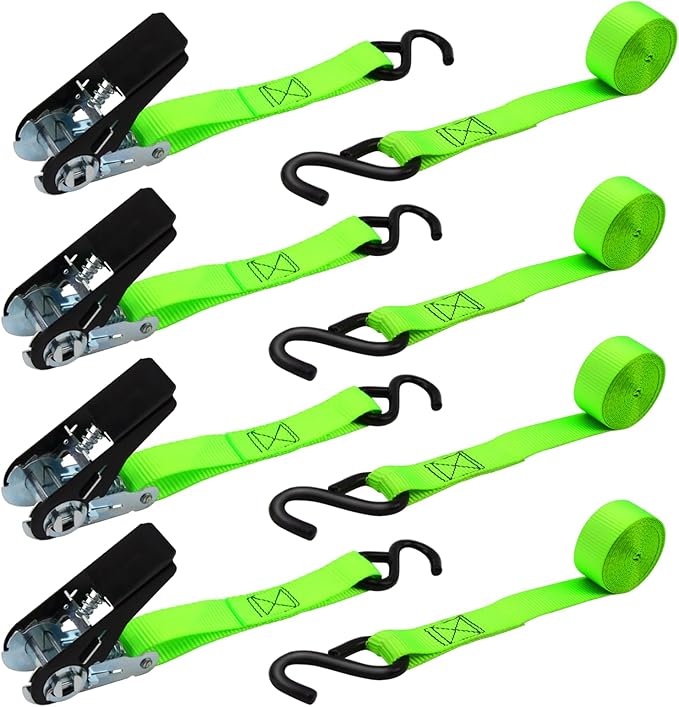 XSTRAP STANDARD Ratchet Tie Down Straps 4 Pk 10 Ft- 300 Lbs Load Cap- 900 Lbs Break Strength-Cargo Straps for UTV, ATV, Pickup,Truck, Moving Appliances, Lawn Equipment, Neon Green