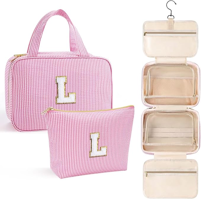 YOOLIFE Kids Toiletry Bag Initial Makeup Bag for Teen Girls - Birthday Gifts for 7 8 9 10 11 12 13 14 15 16 17 18 Year Old Girls, Teen Girl Gifts Trendy Stuff - Letter L, Pink