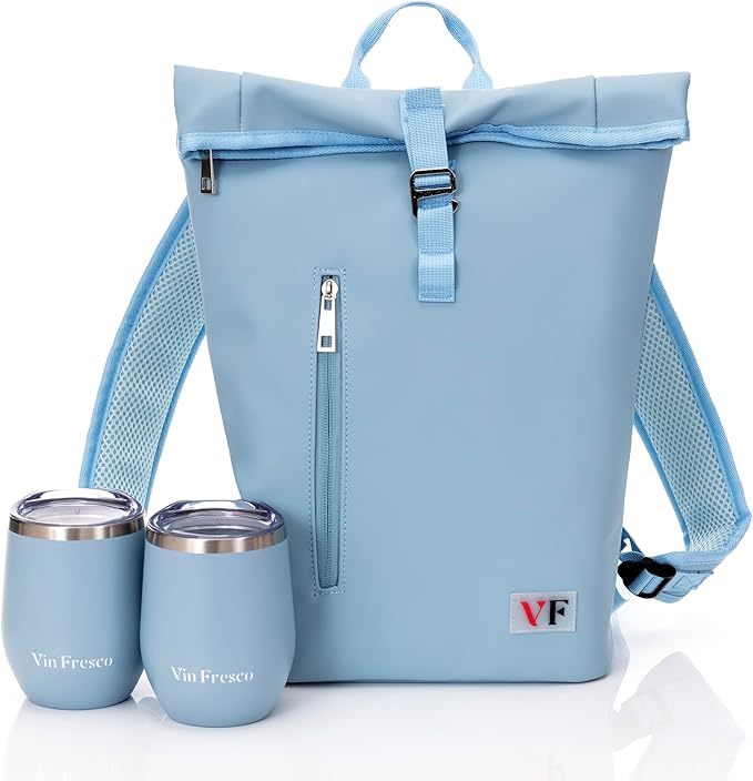 Two Bottle Rolltop Wine Tote Bag – Stylish PU Leather Wine Backpack with Matching Tumblers – Compact & Lightweight Wine Carrier with Padded Straps & Compartments for Travel & Picnics – Light Blue