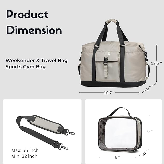 SUNNY BIRD Duffel with Utility Pouch, 40L Weekender Overnight Bag with Shoe Compartment for Travel and Sports (Grey and black)
