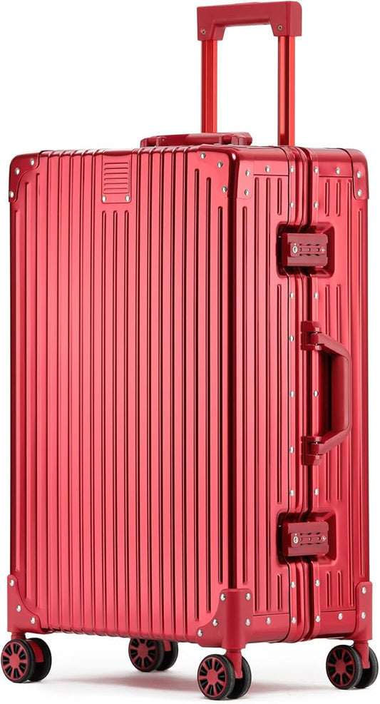 Metal All Aluminum Carry-on Luggage TSA Customs Lock Zipperless Silent Rotary Wheel Business Suitcase Aluminum Frame Set (red, 26 '')