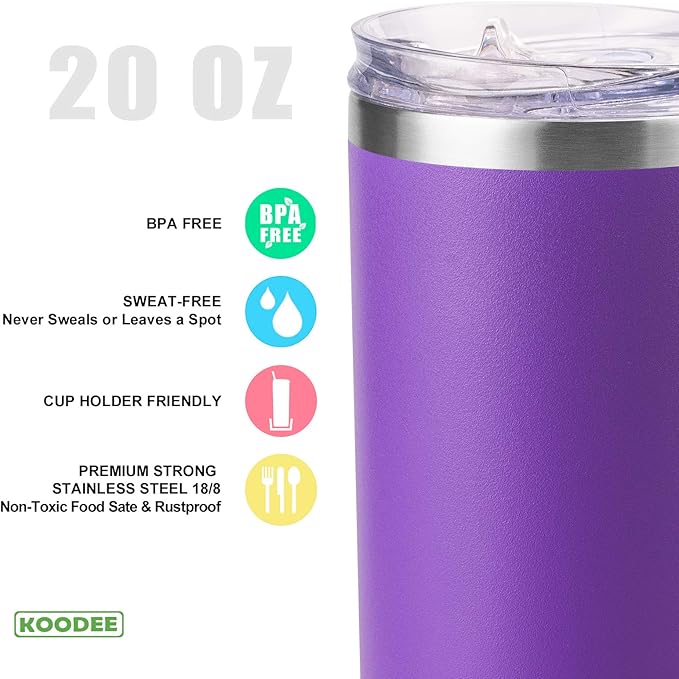 koodee 20 oz Tumbler with Lid and Straw-4 Pack Skinny Tumbler Stainless Steel Double Wall Insulated Coffee Cup (Sky Blue/Pink/Purple/Black