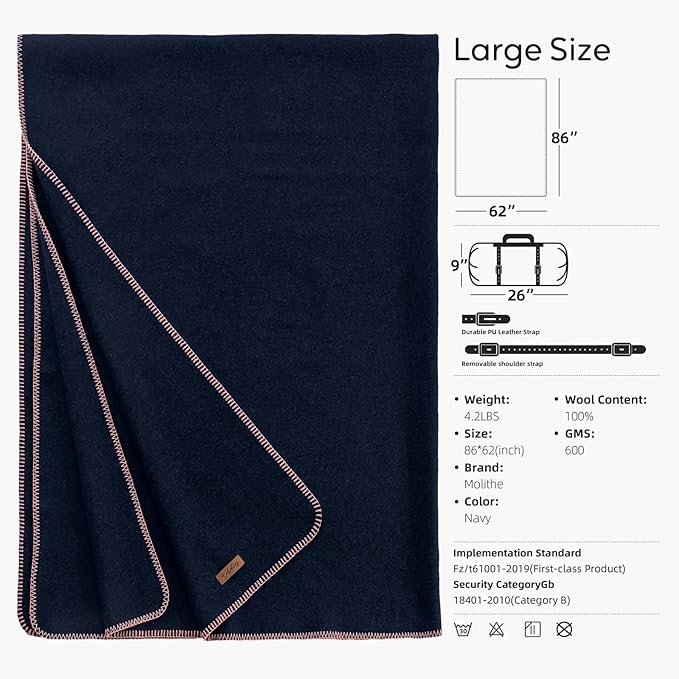 100% Wool Blanket, 62" x 86", Warm, Thick, Washable, Military Wool Blanket, Great for Camping, Outdoors, Sporting Events, Survival Kits