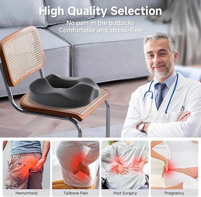 Benazcap Donut Pillow Seat Cushion Hemorrhoid Pillow for Sciatica & Tailbone Pain Relief, Memory Foam Cushion by Ergonomic for Coccyx, Sciatica, Pregnancy, Postpartum- Darkgray