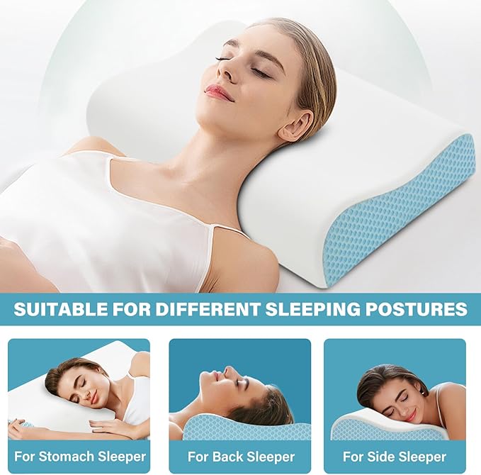 Memory Foam Cooling Bed Pillows for Sleeping, Ergonomic Cervical Pillow for Neck and Shoulder Pain Relief, Adjustable Cold Pillow with Pillowcase,Blue