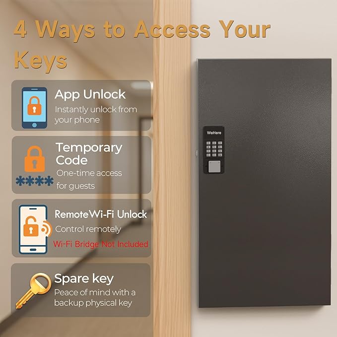 120 Key Lock Box Wall Mount, APP Bluetooth/Wi-Fi, OTP/Fixed Code, Key Unlock, Smart Key Cabinet with Tag, Key Organizer Holder Box for Office, Valet, Realtor, Hotel Key Management