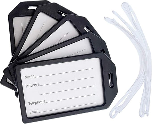 5 Pack - Premium Rigid Airline Luggage Tag Holders with 6" Worm Loops - Heavy Duty Hard Plastic -Suitcase ID Tag Identifiers with Business Card Insert Window by Specialist ID (Black)