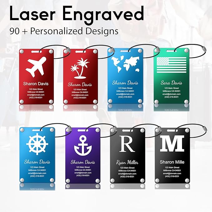 Personalized Luggage Tags: Custom Metal Luggage Tags for Suitcases, Backpacks and Bags with Your Personalized Text (Black)