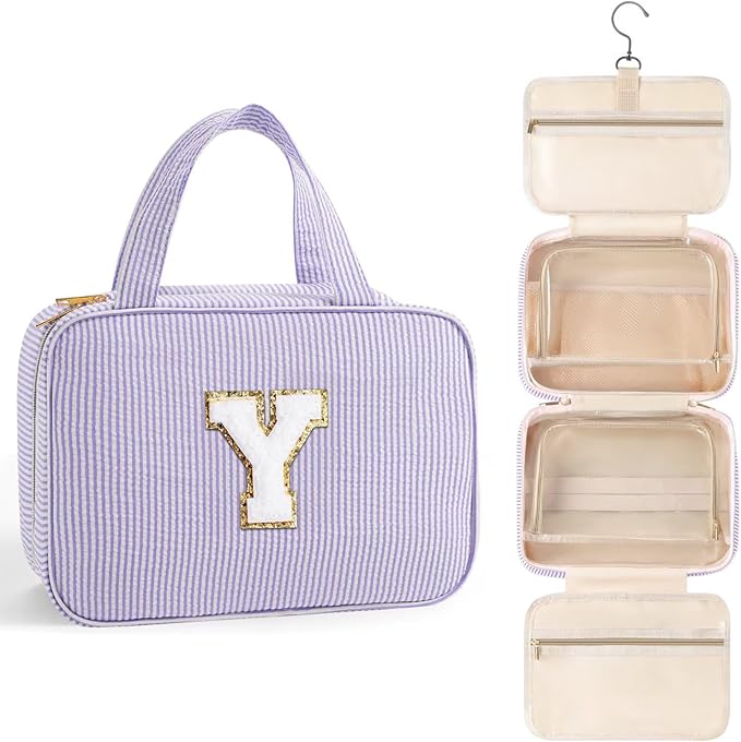 TOPEAST Travel Toiletry Bag for Women - Hanging Toiletry Bag Makeup Bag, Portable Toiletries Cosmetic Bag, Airplane Travel Essentials - Letter Y, Purple