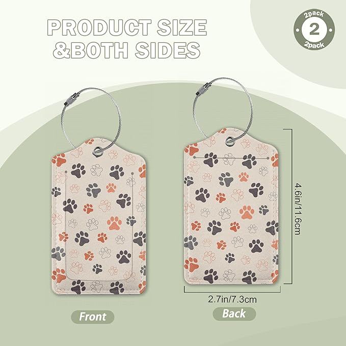 2 Pack Luggage Tags for Suitcase,Dog Cat Paws Leather Luggage Tag Bag Tags Identifiers Privacy Cover Id Label with Steel Loop for Women Men Girls Boys Travel