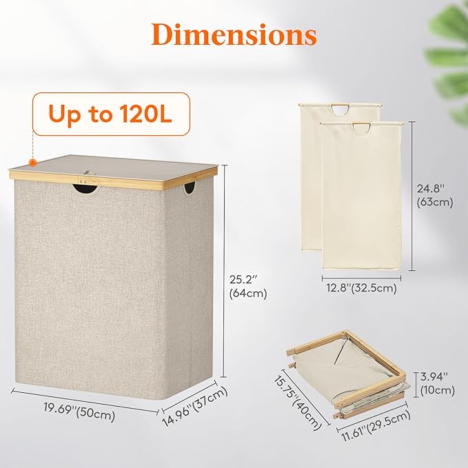 Lifewit 120L Double Laundry Hamper with Lid, Extra Large Bamboo Laundry Basket Dirty Clothes Hamper, 2 Section Laundry Bin Organizer for Laundry Room Bedroom with 2 Removable Liners & Bags, Beige
