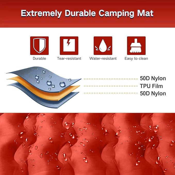 Double Sleeping Pad Camping, Self Inflating 6'' Extra-Thick 2 Person Pillow Built-in Foot Pump Waterproof Inflatable Sleeping Mat Backpacking, Tent, Hiking, Portable Camping Pad (Orange-Black)