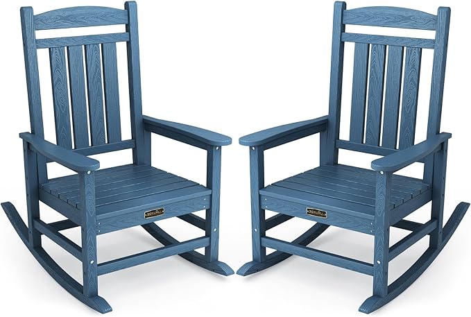 SERWALL Outdoor Rocking Chair Set of 2, HDPE Patio Rocking Chair All-Weather Porch Rocker for Balcony, Yard, Blue