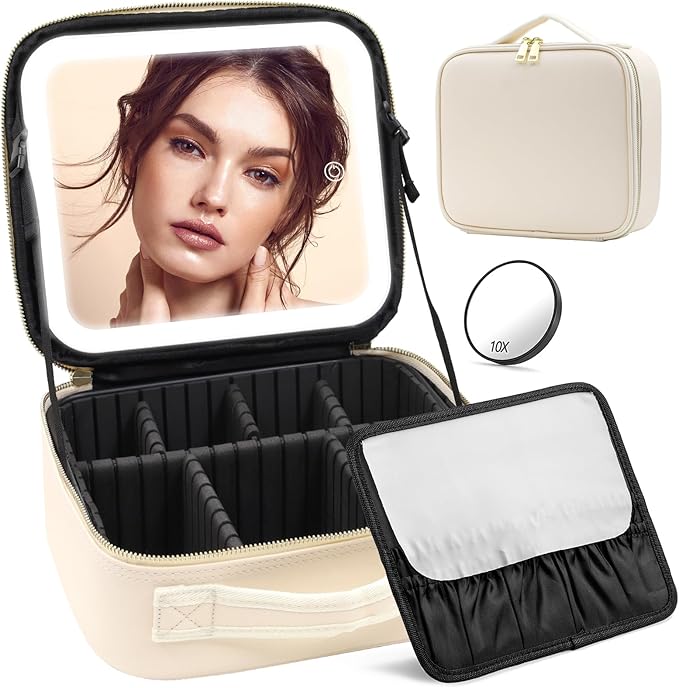 Portable Travel Makeup Bag with Lighted Mirror, 3 Color Brightness, Beige