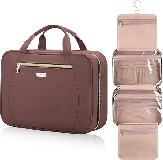 Hanging Toiletry Bag for Women Travel, 2 Sizes Large & Small Waterproof Cosmetic Organizer with 4 Compartments, Rotating Hook, Foldable Pink Travel Bag for Toiletries & Makeup Red Sandalwood