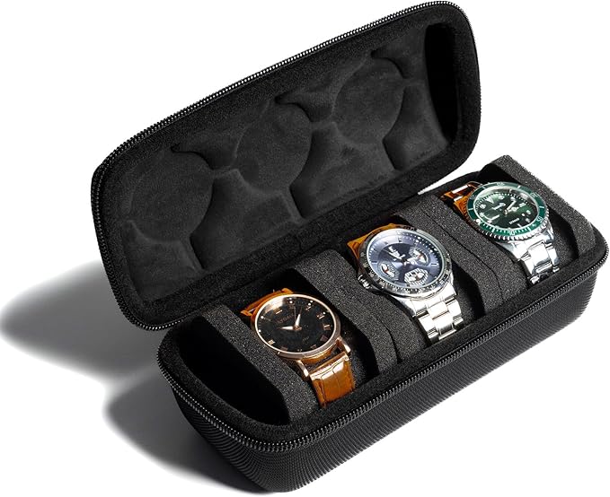 3 Slot Hard Watch Travel Case, Watch Roll Case Storage and Organizer for Men and Women, with anti-move watch pillow (Black fabric 3Slots)