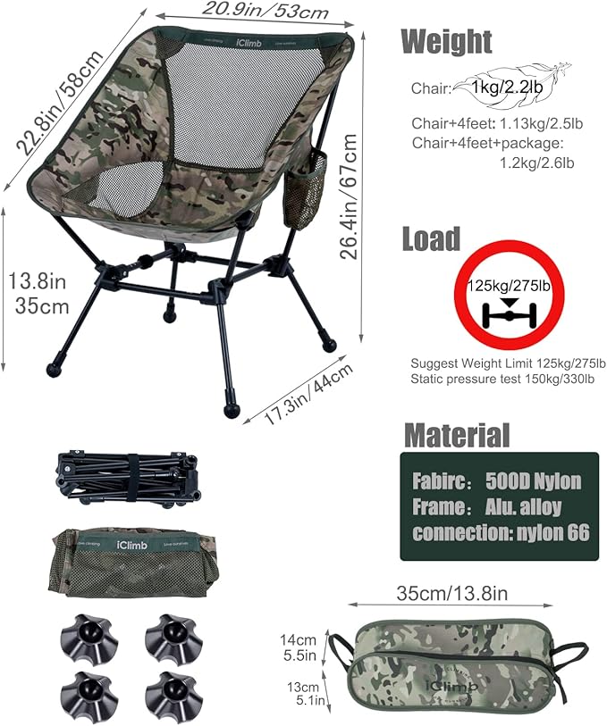 iClimb Ultralight Compact Camping Folding Beach Chair with Anti-Sinking Large Feet