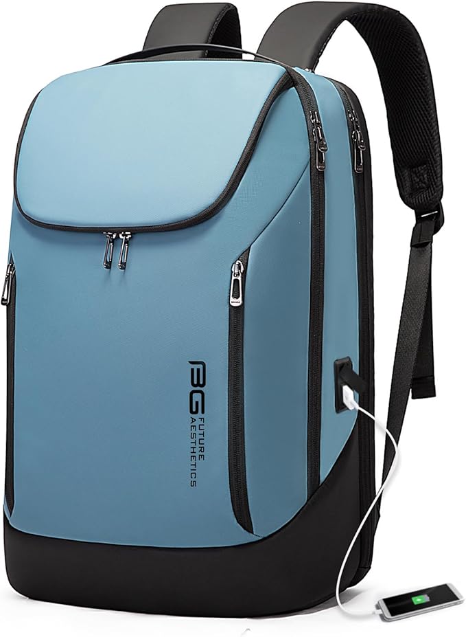 BANGE Business Smart Backpack Waterproof fit 15.6 Inch Laptop Backpack with USB Charging Port,Travel Durable Backpack (Light Blue(three Pocket), Medium)