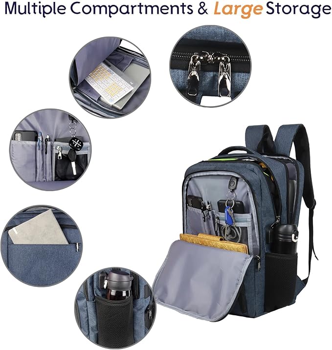 Laptop Backpack Fits 17 Inch Computer, Bussiness Travel Backpack with USB Charging Port and Anti Theft Pocket, Navy
