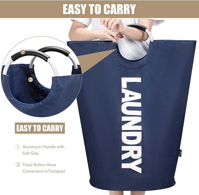 DOKEHOM 90L Large Laundry Basket, Collapsible Laundry Bag, Freestanding Tall Clothes Hamper, Foldable Washing Bin (Dark Blue)