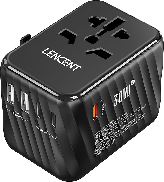 LENCENT Universal Travel Power Adapter, 30W International Wall Charger with 3 USB C 2 USB A Fast Charging, Worldwide Plug Adaptor Travel Essentials for US to EU UK Ireland Australia Type C/G/A/I Black