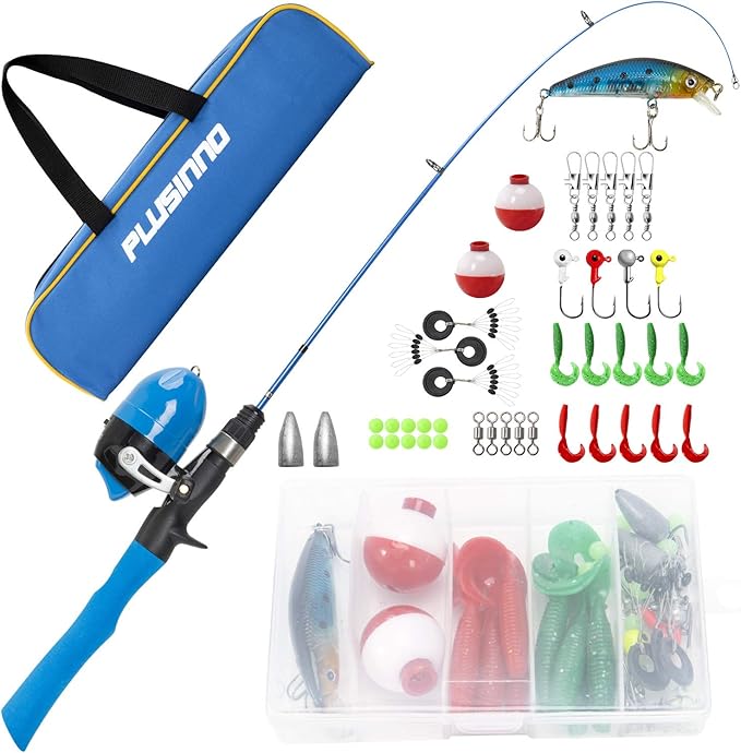 PLUSINNO Kids Fishing Pole with Spincast Reel Telescopic Fishing Rod Combo Full Kits for Boys, Girls, and Adults