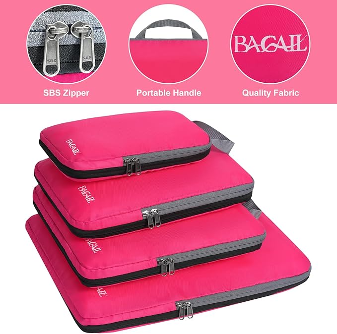 BAGAIL 4 Set/6 Set/8 Set Compression Packing Cubes Travel Accessories Expandable Packing Organizers (Cloth Pattern, 4-Fuchsia)