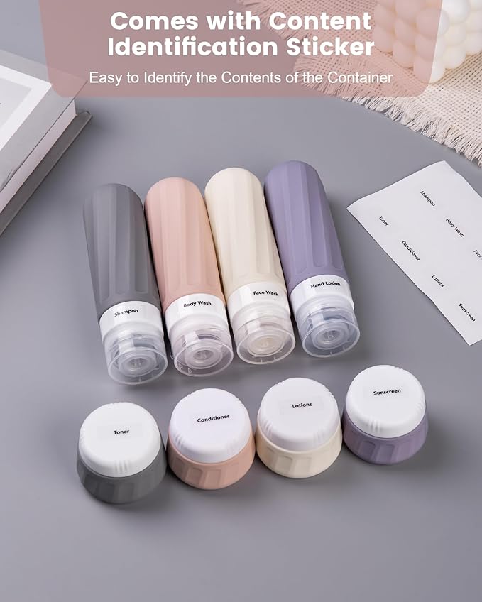 Travel Bottles for Toiletries 8 Pack, Travel Size Toiletries, Tsa Approved Travel Size Containers 3oz, with Travel Essentials Clear Bag, Leak Proof Silicone Squeezable Creams Jars