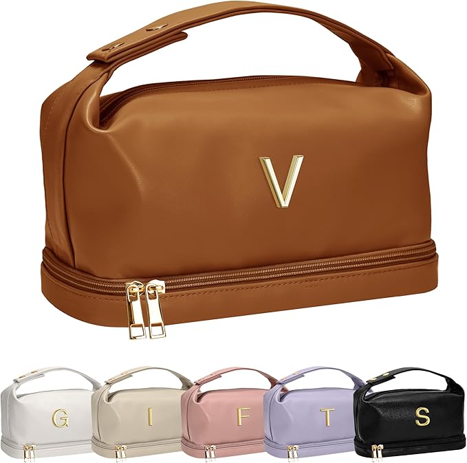 Trendy Gifts for Women, Personalized Makeup Bag with Handle, Initial Double Layer Cosmetic Bag with Makeup Brush Organizer, Cute Cosmetic Pouch for Women, Gifts for Friends Female Mom