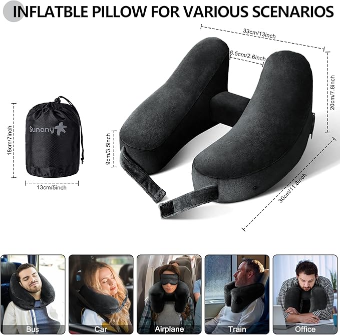 Sunany Neck Pillow for Travel Inflatable Airplane Pillow Comfortably Supports Head, Neck and Chin, Inflatable Travel Pillow with Soft Velour Cover and Portable Drawstring Bag (Black)