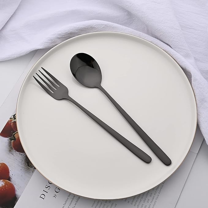 20 Pieces Silverware Set 304 Stainless Steel, Healthy & Eco-Friendly Silver Travel Mirror Polished Black Knife Fork Spoon Salad Fork Dessert Spoon Flatware Set, Service for 4