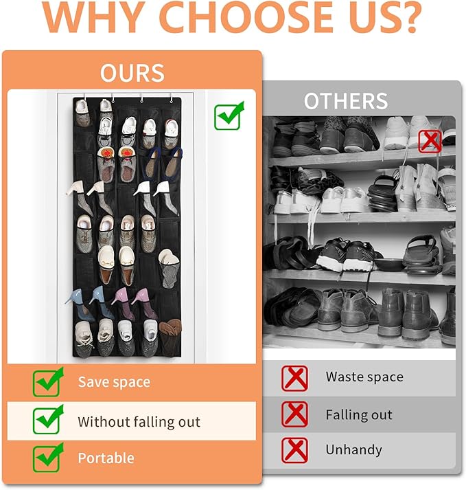 FENTEC 40 Large Pockets Over The Door Shoe Organizer, Mesh Hanging Shoe Organizer Shoe Rack for Closet Mesh Closet Shoe Holder, Over Door Organizer, Shoe Organizer for Wall, Black, 1 Pack