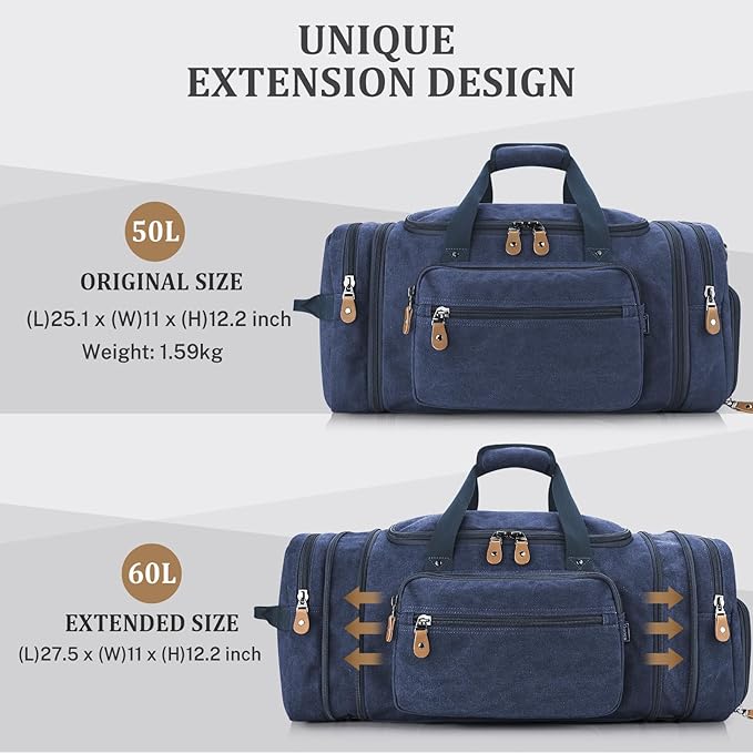 Gonex Canvas Duffle Bag 60L Travel Duffel Overnight Weekend Bag with Shoe Compartment (Blue)