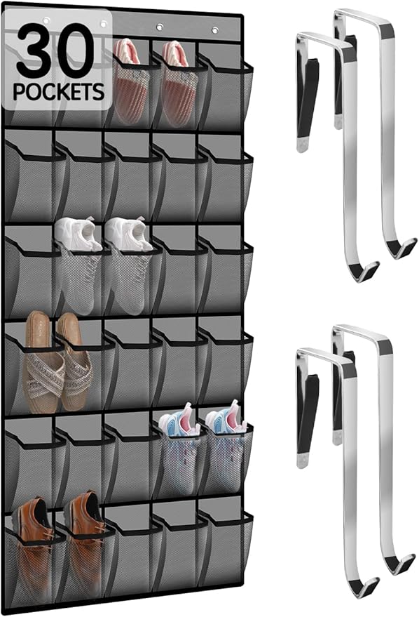 Over the Door Shoe Organizer with 30 Breathable Mesh Pockets - Large Capacity Closet Storage for Men & Women, Hanging Shoe Rack Organizer -Gray