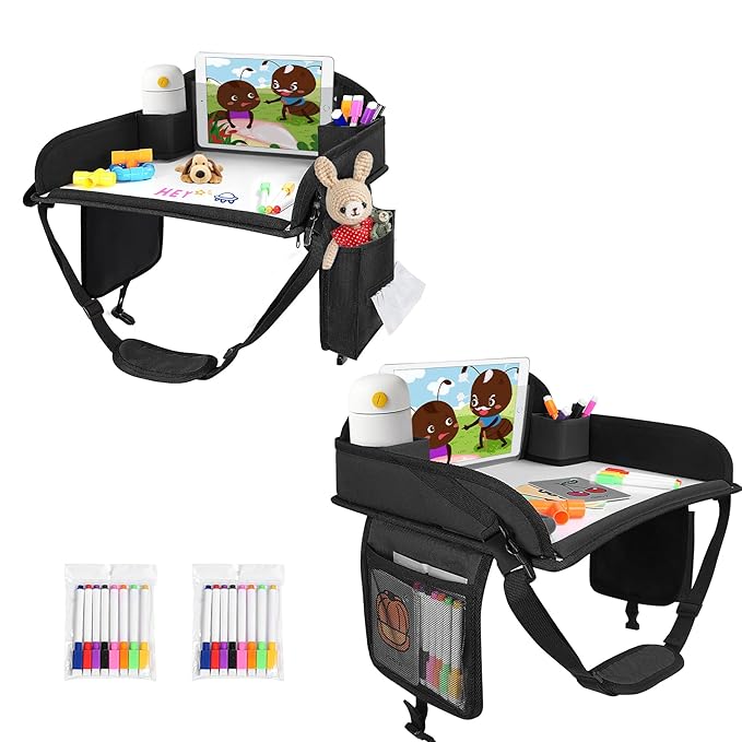 2Pcs ‎Kids Travel Tray, Kids Travel Trays for Car Seat, Road Trip Essentials for Toddler, Carseat Lap Tray with Dry Erase Board & Storage Organizer for Road Trip Activities for Kid, Black