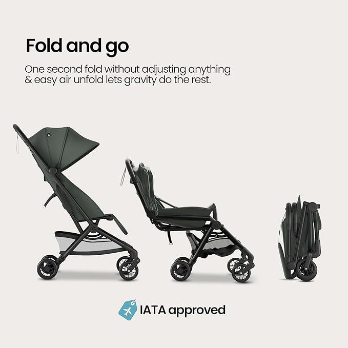 Mompush Velo Lightweight Travel Stroller – One-Hand Fold, Ultra-Compact & Airplane Friendly, Lie-Flat Recline Seat (from Birth to 50 lbs), Includes Cup Holder, Shoulder Strap, and Leather Bumper Bar