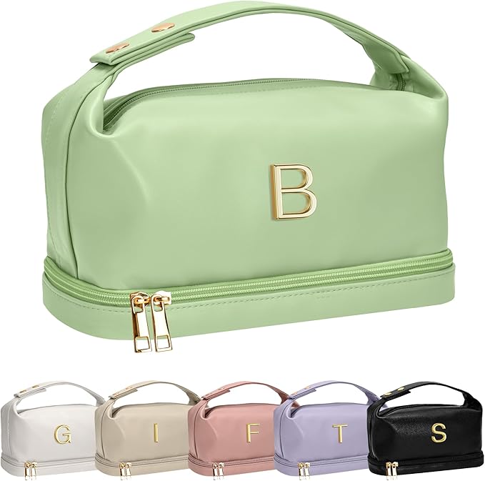 Gifts for Women, Makeup Bags with Handle, Initial Double Layer Cosmetic Bag with Makeup Brush Organizer, Birthday Gifts for Women - 30th 40th 50th 60th 70th Birthday Gifts, Gifts for Friends