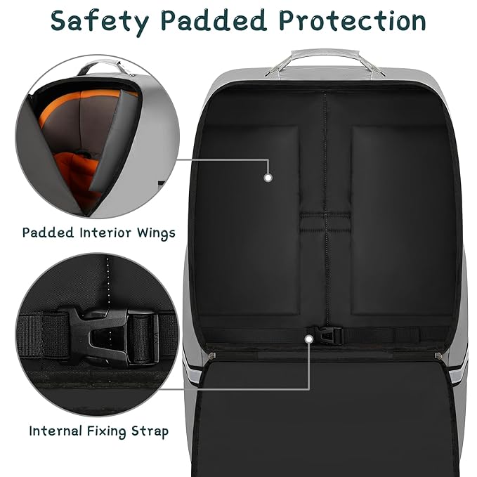 Car Seat Travel Bag,Padded Car Seats Backpack with Steel Cable Handle and Reflective Stripes, Large Durable Carseat Carrier Bag,Airport Gate Check Bag,Infant Seat Travel Bag with Shoulder Strap,Grey