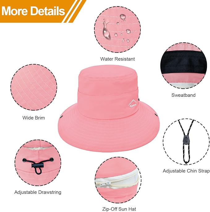 Sun Hats for Women Bucket Hat UV Protection Fishing Hat Wide Brim Safari Hats 2 in 1 Zip-Off Sun Visor Hats UPF 50+