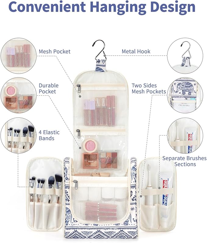 Narwey Hanging Toiletry Bag for Women Travel Makeup Bag Organizer Toiletries Bag for Cosmetics Essentials Accessories (Large, Elephant)