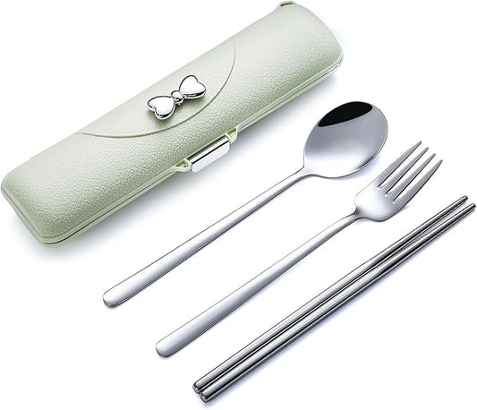 DEVICO Travel Silverware Set with Case, Portable Lunch Utensils Set for Work, Reusable Travel Cutlery Set, 18/8 Stainless Steel Flatware for Caming School Picnic, Dishwasher Safe (Green)