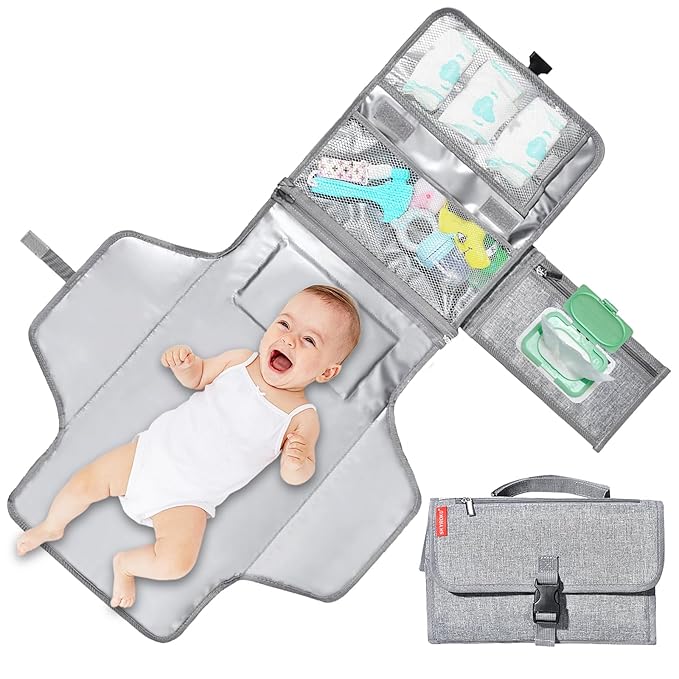 SKYROKU Baby Portable Diaper Changing Pad - Waterproof Travel Changing Mat with Wipes Pocket & Storage, Lightweight Baby Diaper Bag for Stroller/Car, Newborn Essentials Gift