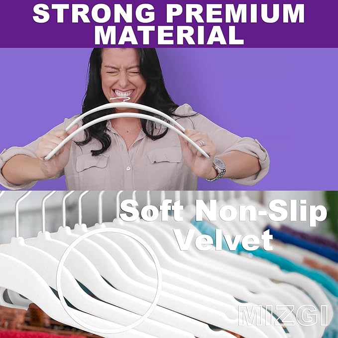 MIZGI Premium Velvet Hangers (60 Pack) Heavy Duty - Non Slip Felt Hangers - Velvet Suit Hanger White - White Coated Hooks,Space Saving Clothes Hanger