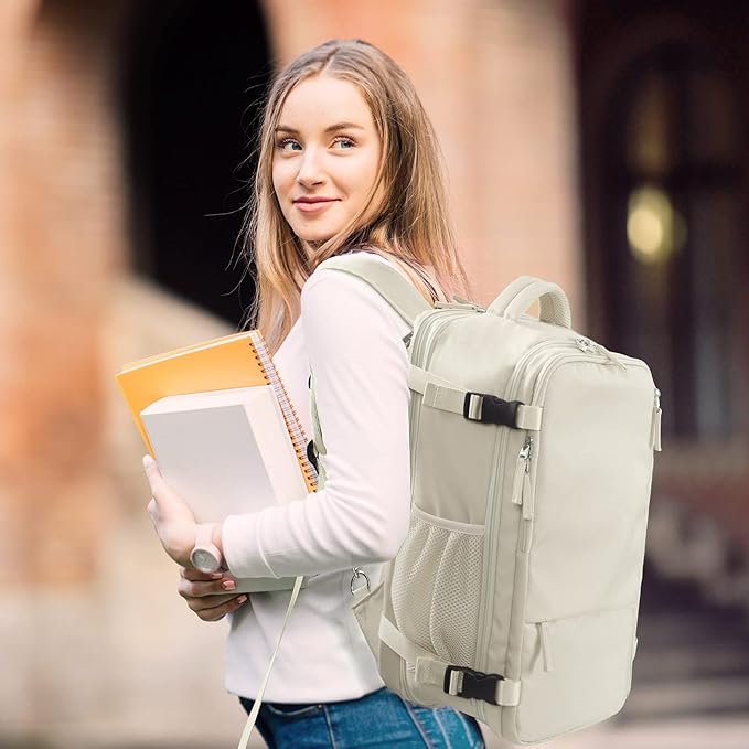 Hanples Large Travel Backpack for Women, 40L Carry on Luggage Backpack, College Laptop Backpack Airline Approved Business Work Bag Fits 17 Inch Computer for Men with 2 Toiletry Bags (Beige)